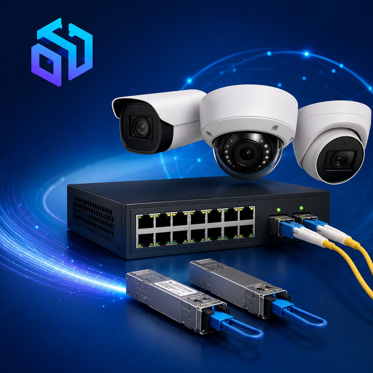 Equipamiento de redes y videovigilancia: switch, módulos SFP y cámaras IP